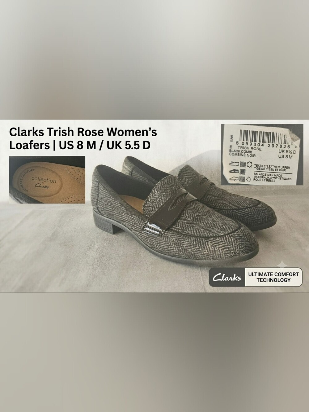 Clarks Collection Trish Rose Women's Herringbone Tweed Loafers Black Combi Sz 8